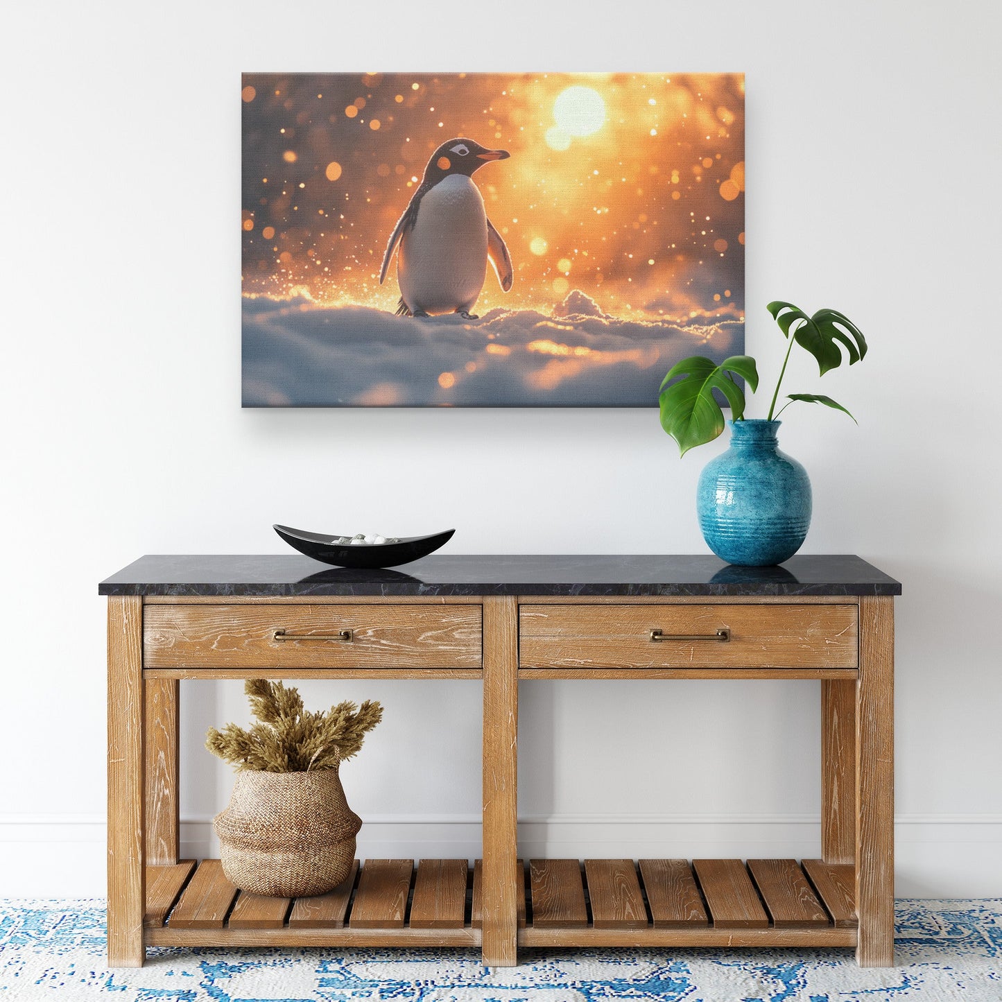 Penguin Walking Across Snowy Landscape Glowing Mist Golden Sunlight Intricate Textures Canvas Wall Art - Awakening Righteousness