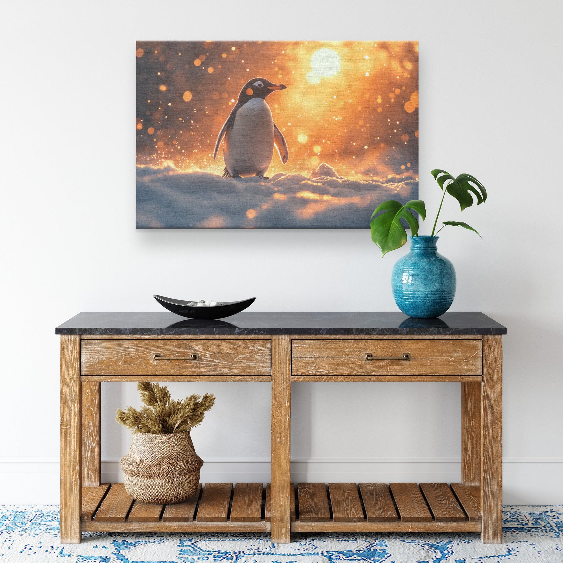 Penguin Walking Across Snowy Landscape Glowing Mist Golden Sunlight Intricate Textures Canvas Wall Art - Awakening Righteousness
