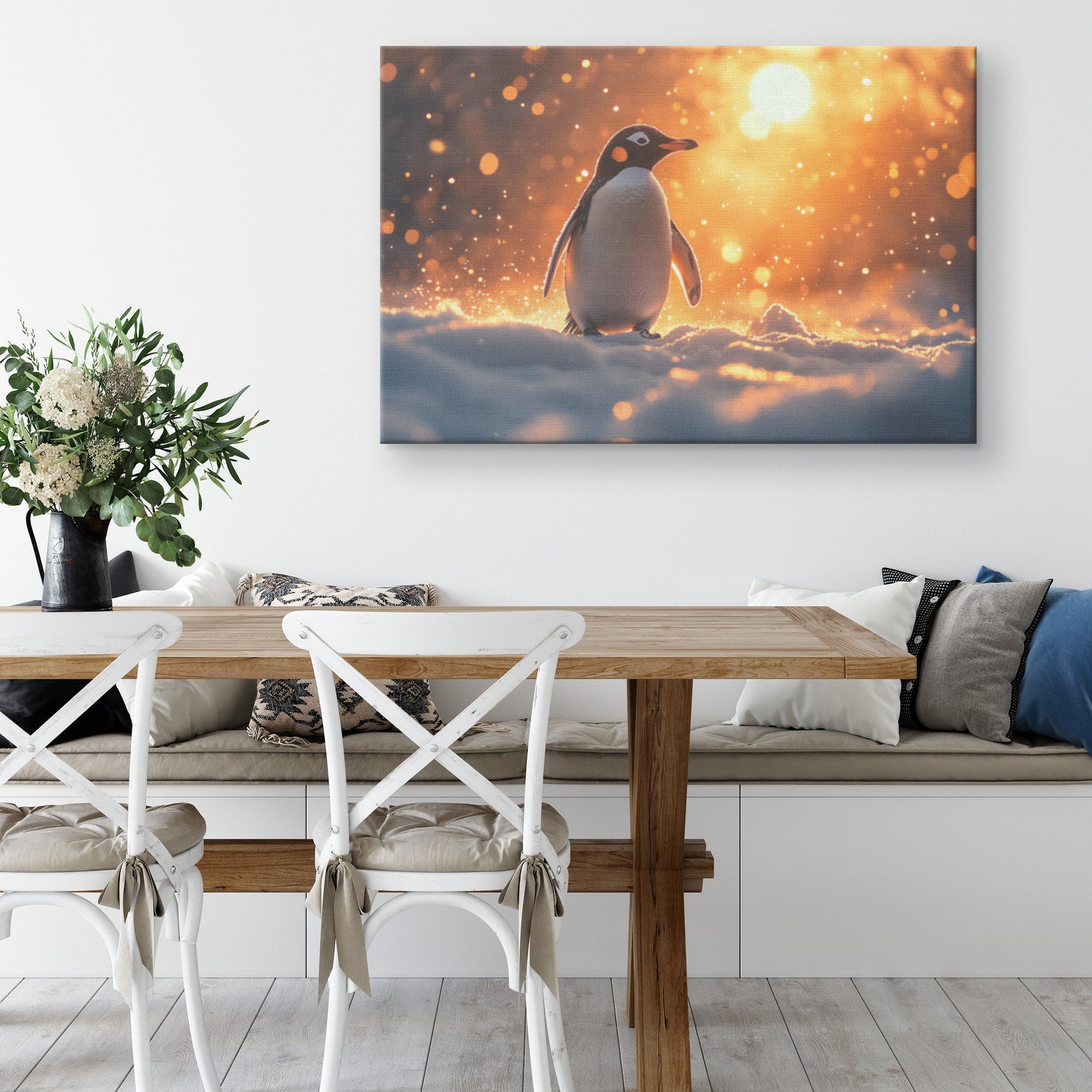Penguin Walking Across Snowy Landscape Glowing Mist Golden Sunlight Intricate Textures Canvas Wall Art - Awakening Righteousness