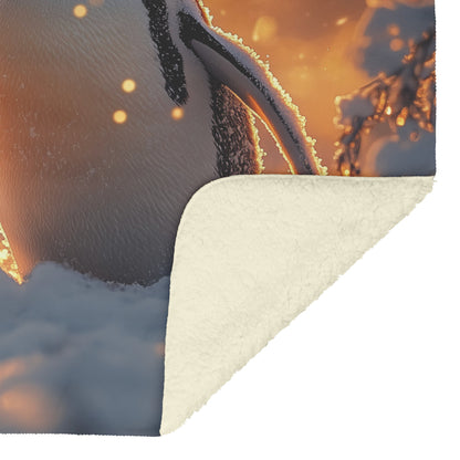 Penguin Walking Across Snowy Landscape Surrounded by Glowing Mist and Soft Golden Sunlight Fleece Sherpa Blanket - Awakening Righteousness
