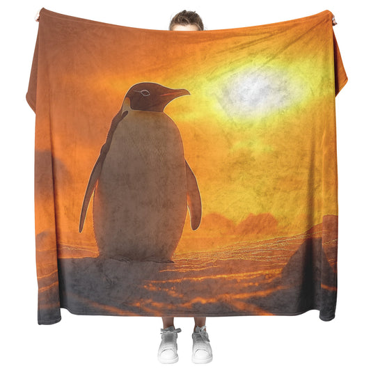 Penguin Walking Across Snowy Landscape Surrounded by Glowing Mist and Soft Golden Sunlight Fleece Sherpa Blanket - Awakening Righteousness