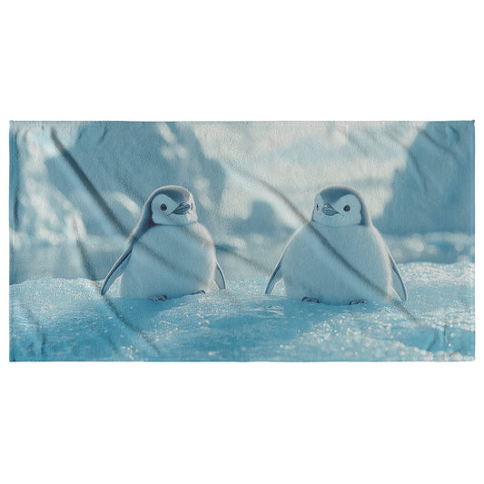 Penguins Sliding Playfully Across Ice Surrounded by Glowing Blue Icebergs Under Soft Sunlight Wildlife Beach Towel - Awakening Righteousness