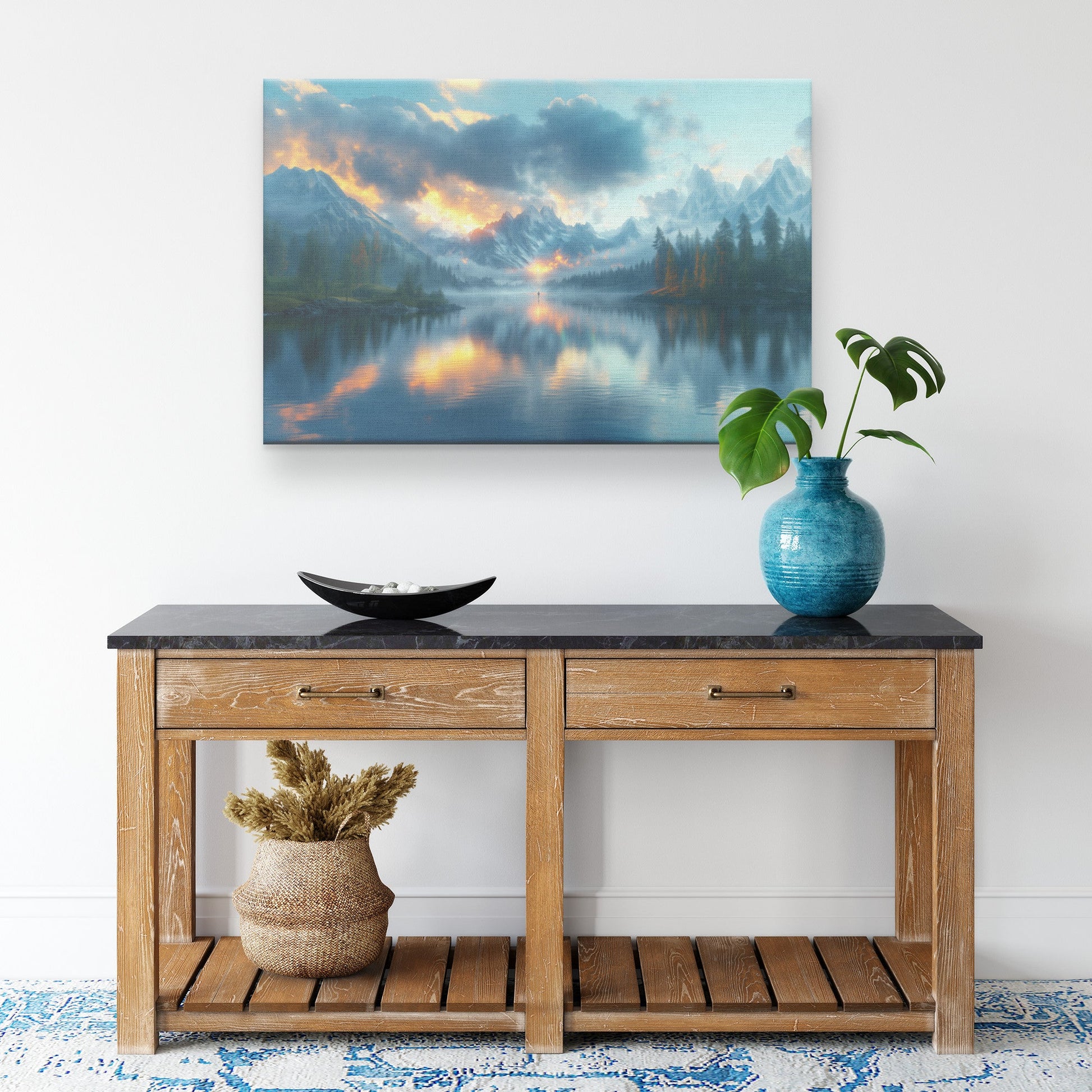 Perfect Glowing Rainbow Reflected in Mountain Lake Snowy Peaks Misty Clouds Golden Light Canvas Wall Art - Awakening Righteousness