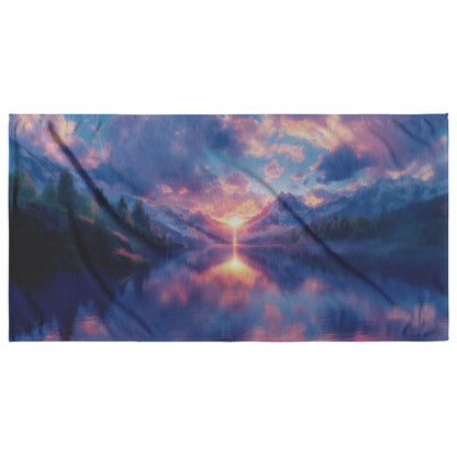 Perfect Glowing Rainbow Reflected in Serene Mountain Lake Beach Towel Snowy Peaks Misty Clouds Radiant Golden Light - Awakening Righteousness