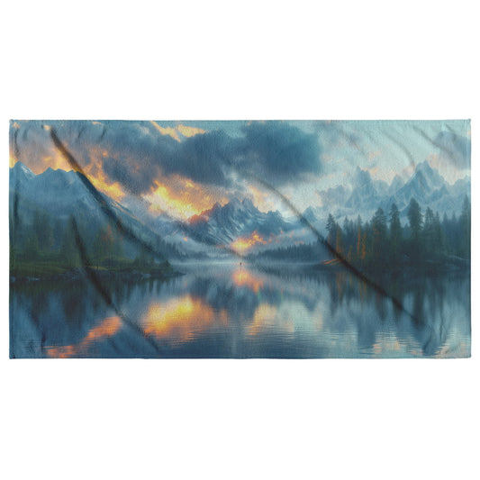 Perfect Glowing Rainbow Reflected in Serene Mountain Lake Beach Towel Snowy Peaks Misty Clouds Radiant Golden Light - Awakening Righteousness