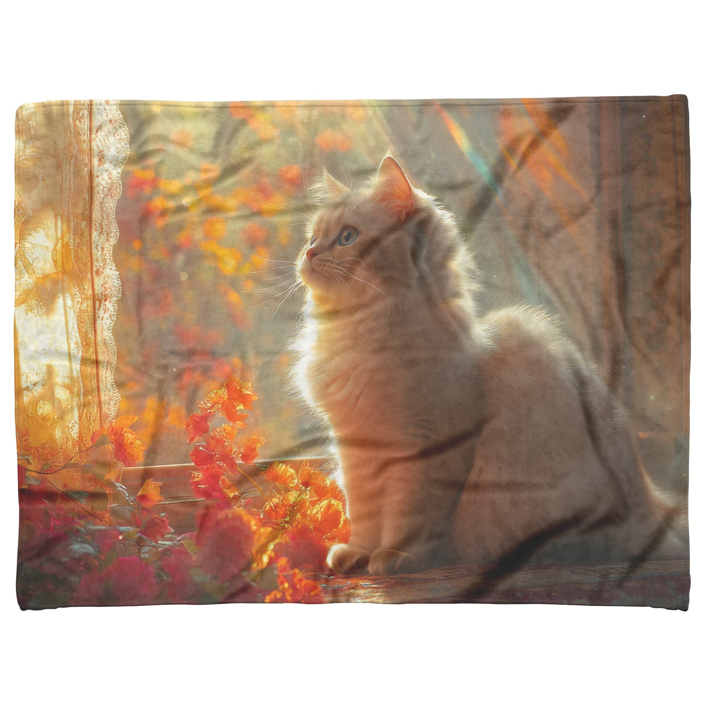 Persian Cat Relaxing in Ornate Sunlit Room Surrounded by Colorful Glowing Drapes Fleece Sherpa Blanket - Awakening Righteousness