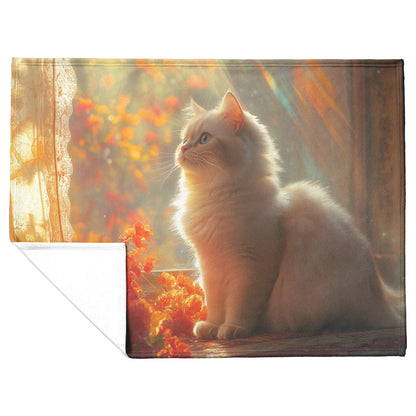 Persian Cat Relaxing in Ornate Sunlit Room Surrounded by Colorful Glowing Drapes Fleece Sherpa Blanket - Awakening Righteousness