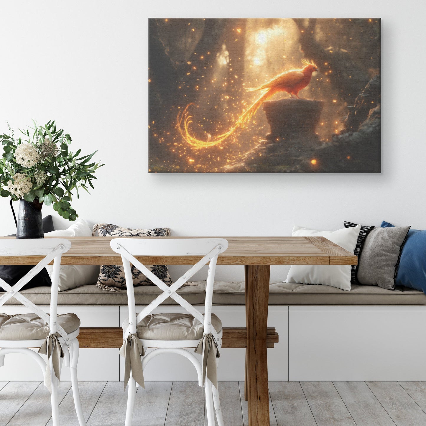 Phoenix Perched on Ornate Stone Altar in Glowing Temple with Magical Golden Flames Canvas Wall Art Decor - Awakening Righteousness