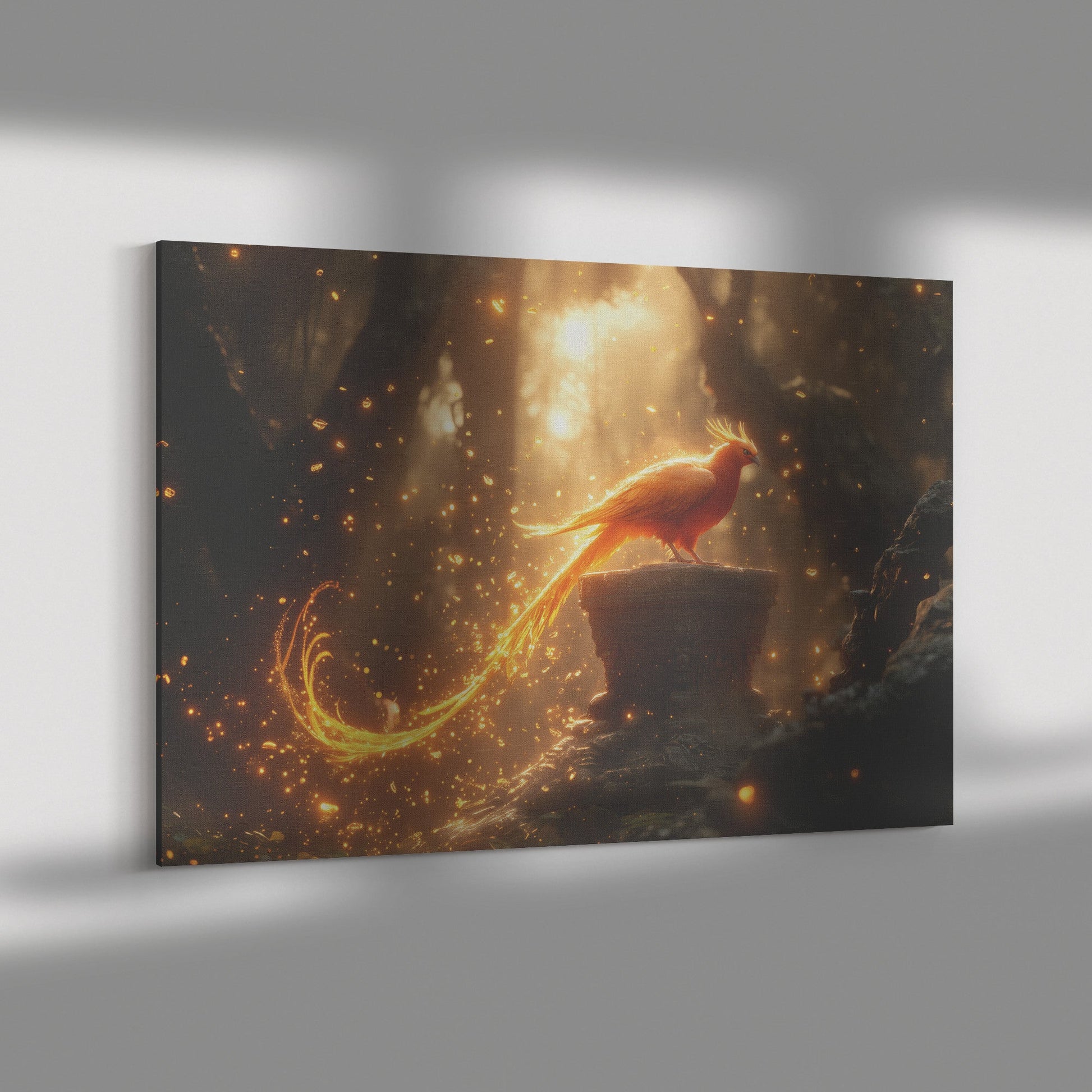 Phoenix Perched on Ornate Stone Altar in Glowing Temple with Magical Golden Flames Canvas Wall Art Decor - Awakening Righteousness