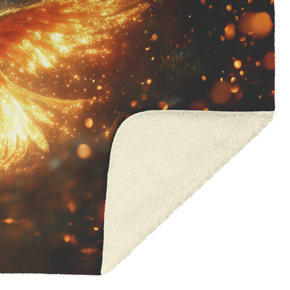 Phoenix with Glowing Embers and Golden Light Wings in Dark Magical Forest Fleece Sherpa Blanket - Awakening Righteousness