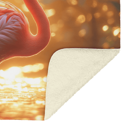 Pink Flamingo in Glowing Tropical Garden Surrounded by Shimmering Plants and Golden Light Cozy Fleece Sherpa Blanket - Awakening Righteousness