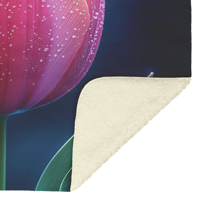 Pink Tulip Fleece Sherpa Blanket Featuring Dew Kissed Petals and Radiant Elegance for Nature Inspired Comfort - Awakening Righteousness