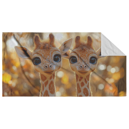 Playful Baby Giraffes in Golden Autumn Backdrop Beach Towel Perfect for Animal and Nature Enthusiasts - Awakening Righteousness