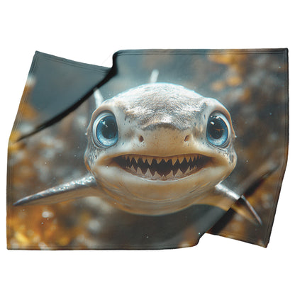 Playful Baby Shark with Big Eyes on Colorful Coral Reef Cozy Fleece Sherpa Blanket - Awakening Righteousness