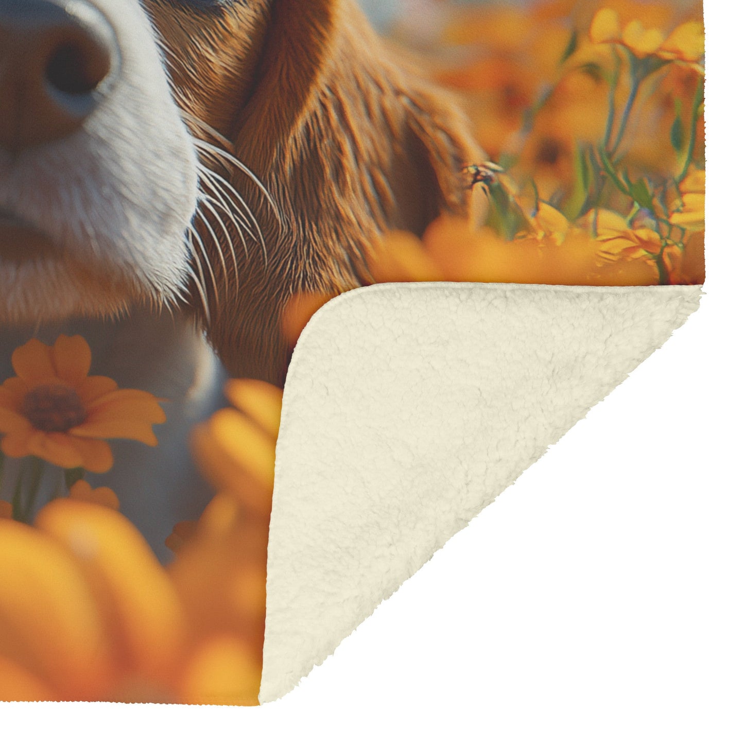 Playful Basset Hound Sniffing Flowers in Vibrant Garden Under Clear Blue Sky Fleece Sherpa Blanket - Awakening Righteousness