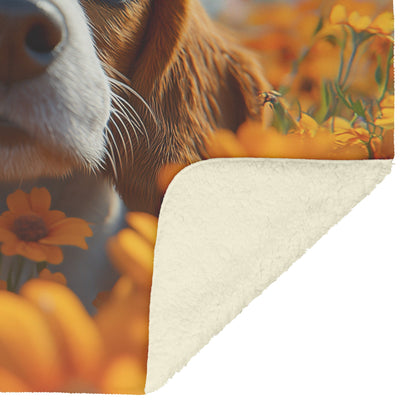 Playful Basset Hound Sniffing Flowers in Vibrant Garden Under Clear Blue Sky Fleece Sherpa Blanket - Awakening Righteousness