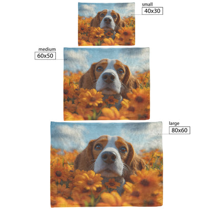 Playful Basset Hound Sniffing Flowers in Vibrant Garden Under Clear Blue Sky Fleece Sherpa Blanket - Awakening Righteousness