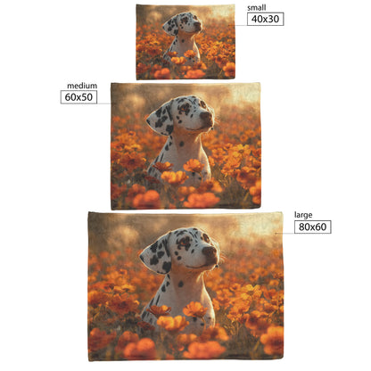 Playful Dalmatian in Vibrant Garden with Glowing Flowers and Soft Sunlight Fleece Sherpa Blanket - Awakening Righteousness
