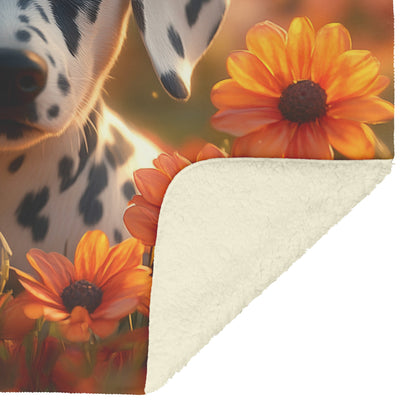 Playful Dalmatian in Vibrant Garden with Glowing Flowers and Soft Sunlight Fleece Sherpa Blanket - Awakening Righteousness