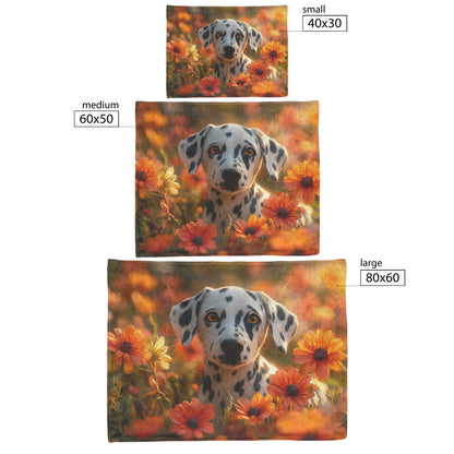 Playful Dalmatian in Vibrant Garden with Glowing Flowers and Soft Sunlight Fleece Sherpa Blanket - Awakening Righteousness
