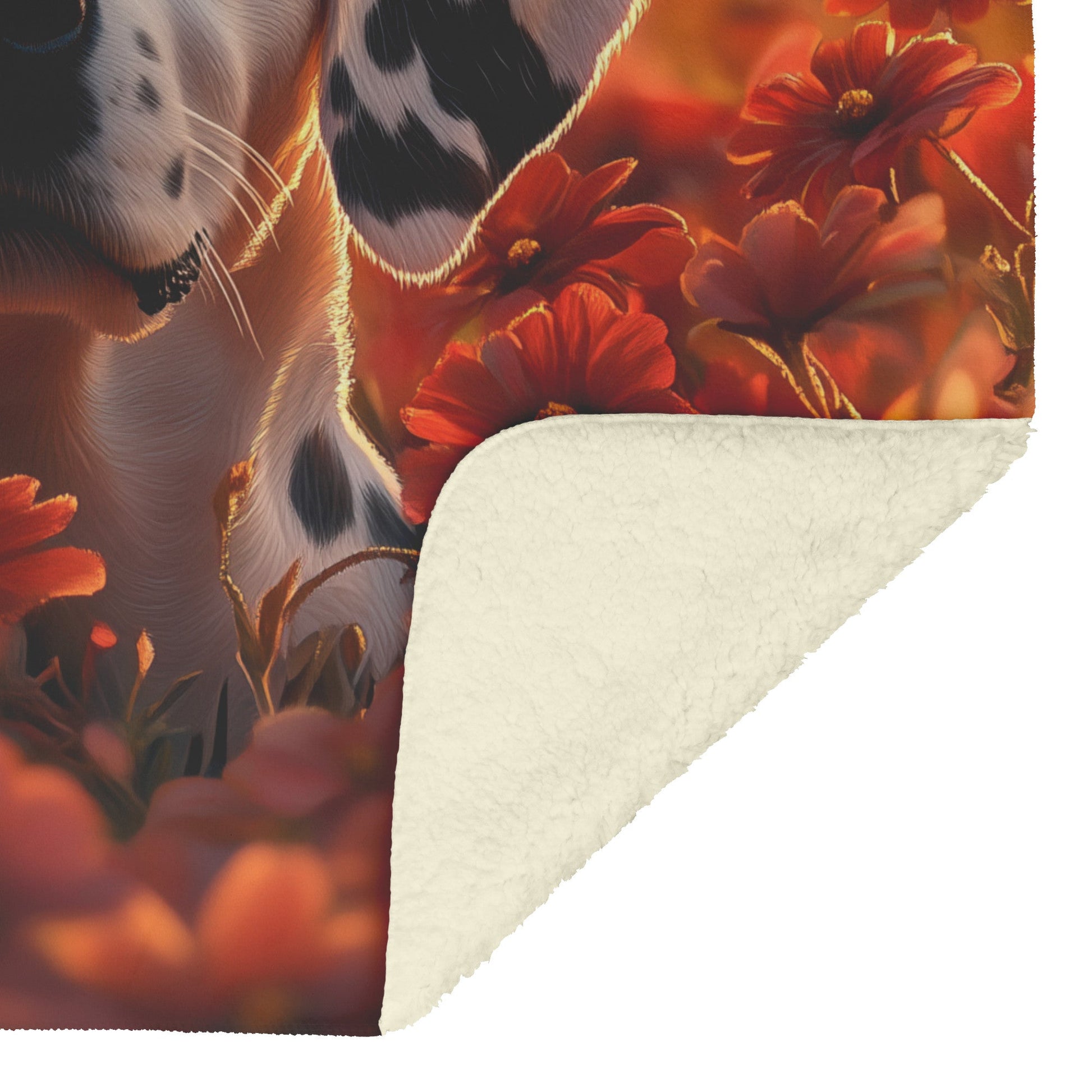 Playful Dalmatian in Vibrant Garden with Glowing Flowers and Soft Sunlight Fleece Sherpa Blanket - Awakening Righteousness