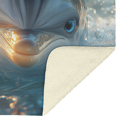 Playful Dolphin with Blue Eyes Splashing in Water with Friends Cozy Fleece Sherpa Blanket - Awakening Righteousness