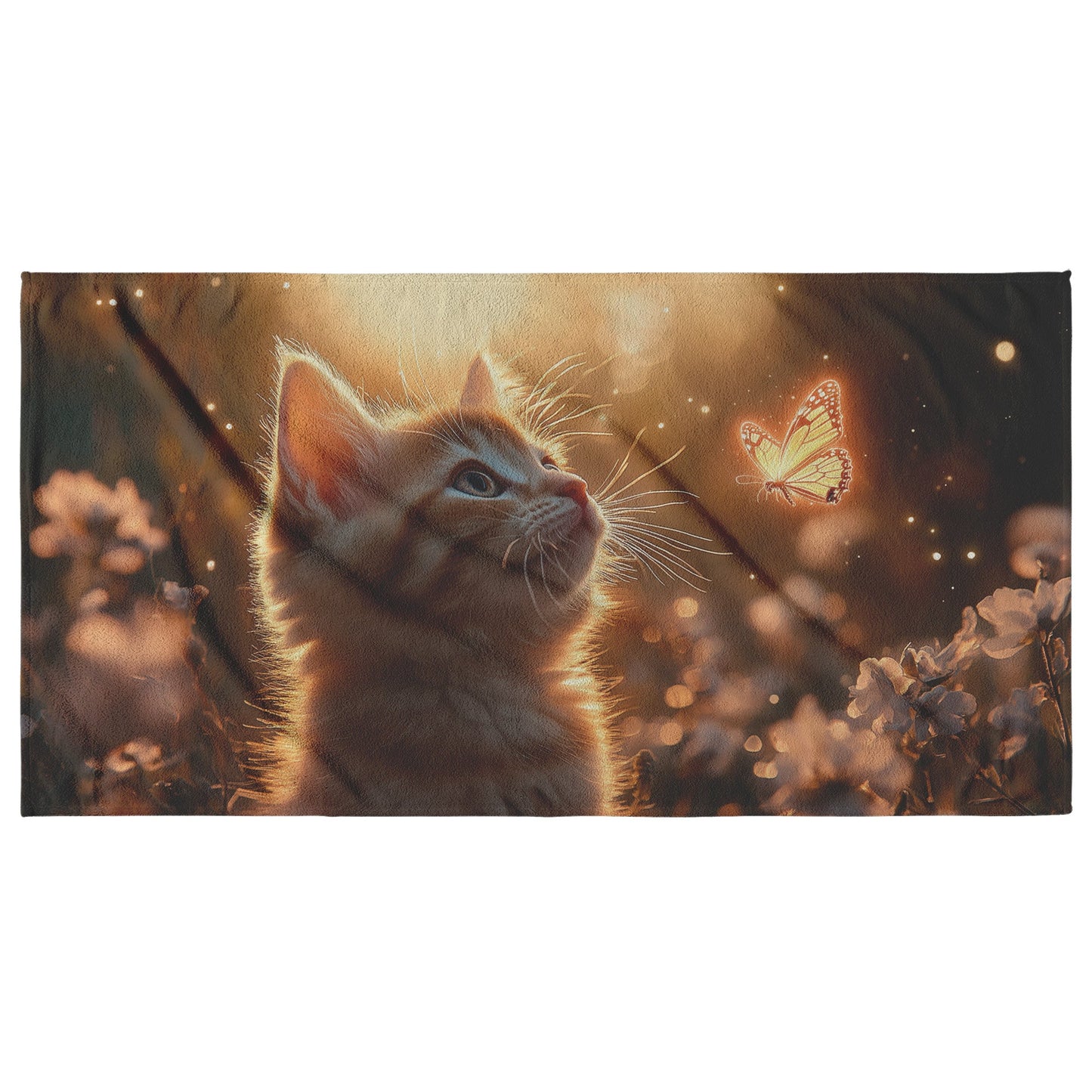 Playful Kitten Beach Towel Chasing Glowing Butterflies in Sunlit Meadow with Blooming Flowers and Magical Scenery - Awakening Righteousness