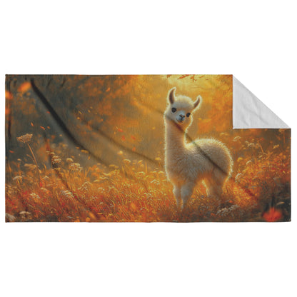Playful Llama Standing on a Glowing Hillside with Golden Autumn Grass and Vibrant Sunlit Fur Colors Beach Towel - Awakening Righteousness