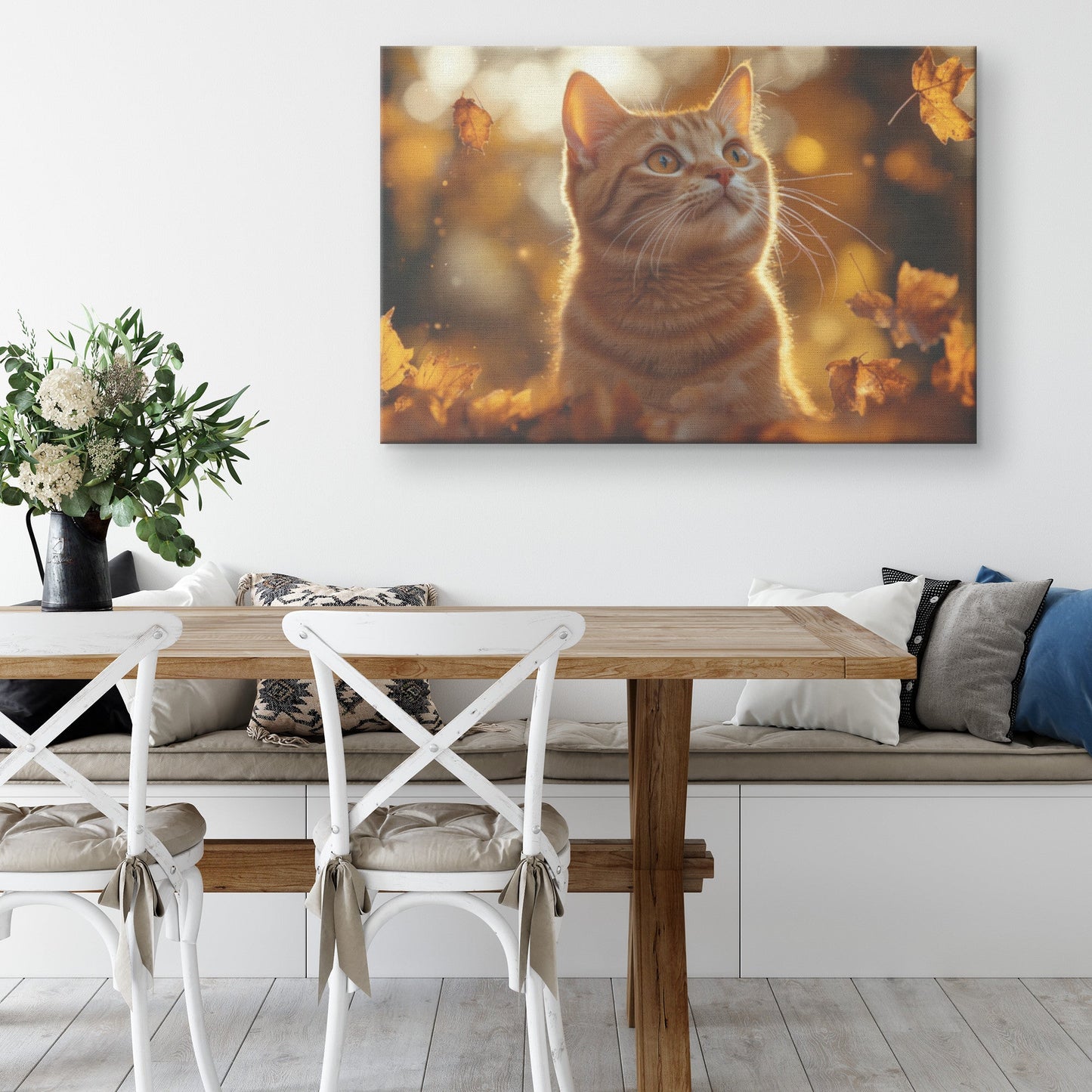 Playful Orange Tabby Cat Glowing Autumn Leaves Warm Sunlight Canvas Wall Art Decor - Awakening Righteousness
