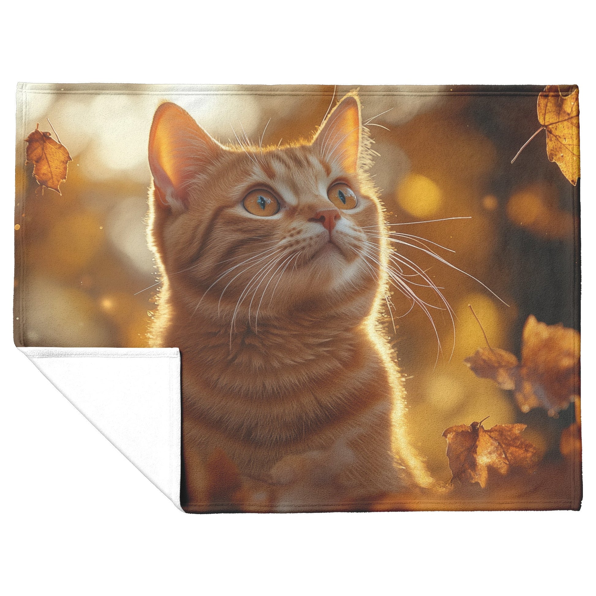 Playful Orange Tabby Cat Surrounded by Glowing Autumn Leaves Under Warm Afternoon Sun Fleece Sherpa Blanket - Awakening Righteousness