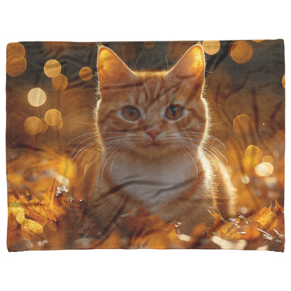 Playful Orange Tabby Cat Surrounded by Glowing Autumn Leaves Under Warm Sun Fleece Sherpa Blanket - Awakening Righteousness