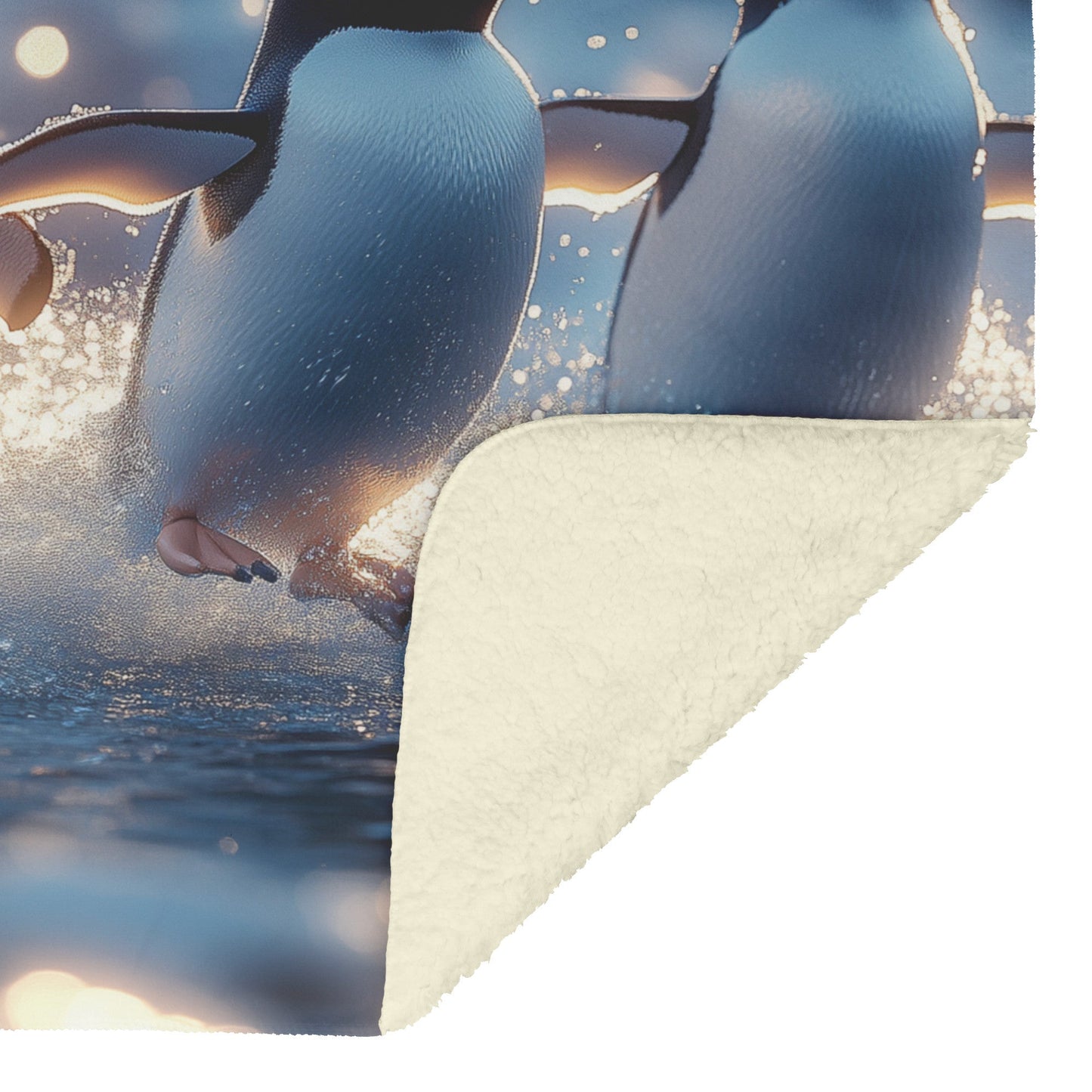 Playful Penguins Jumping into Icy Waters with Sparkling Reflections Fleece Sherpa Blanket Vibrant Winter Scene - Awakening Righteousness