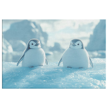 Playful Penguins Sliding Across Ice Glowing Blue Icebergs Under Soft Sunlight Canvas Wall Art Decor - Awakening Righteousness