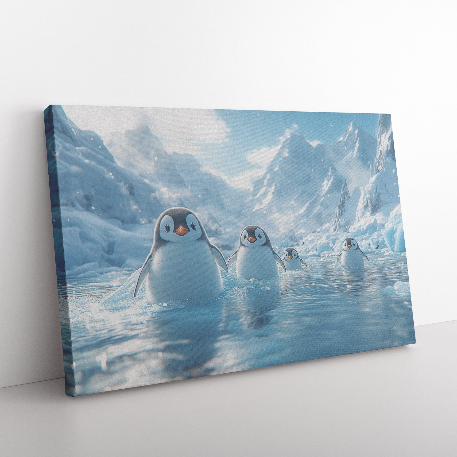 Playful Penguins Sliding Across Ice Glowing Blue Icebergs Under Soft Sunlight Canvas Wall Art Decor - Awakening Righteousness
