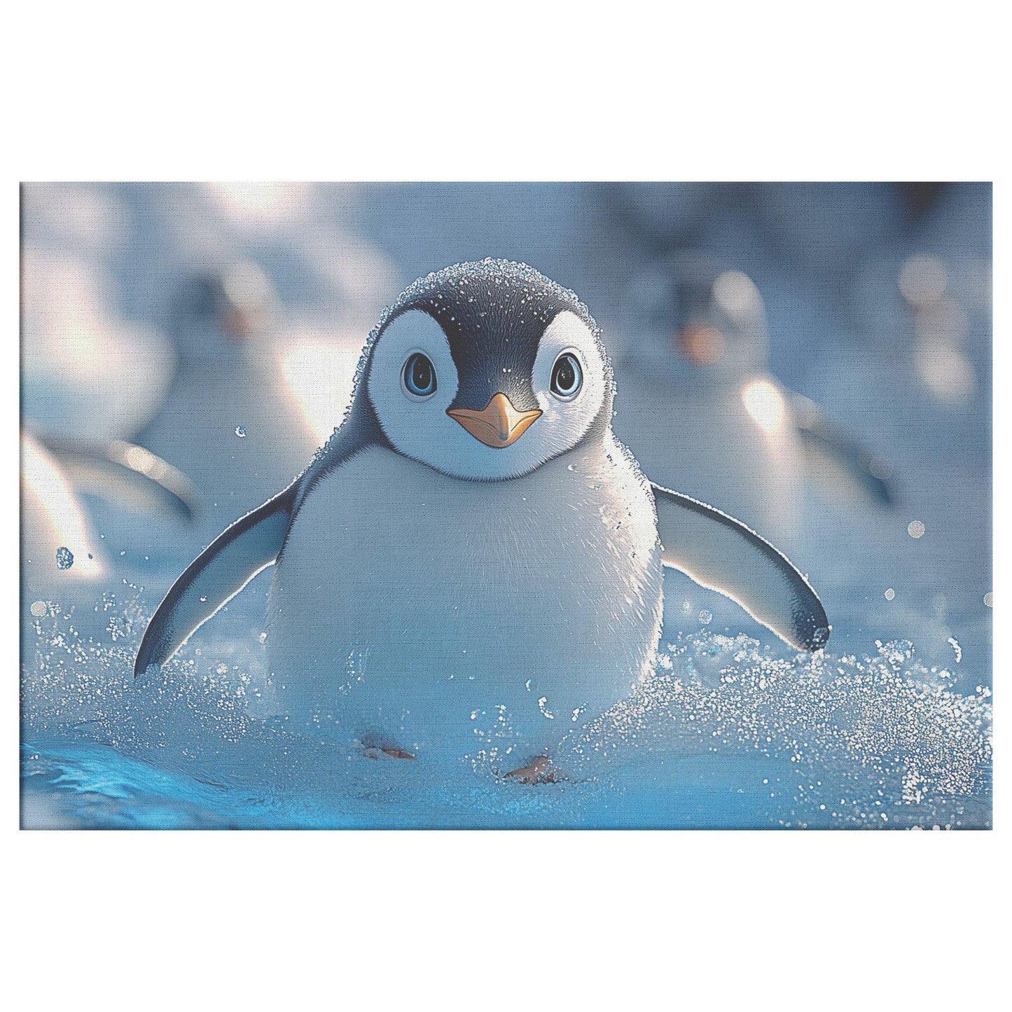 Playful Penguins Sliding Across Ice Glowing Blue Icebergs Under Soft Sunlight Canvas Wall Art Decor - Awakening Righteousness