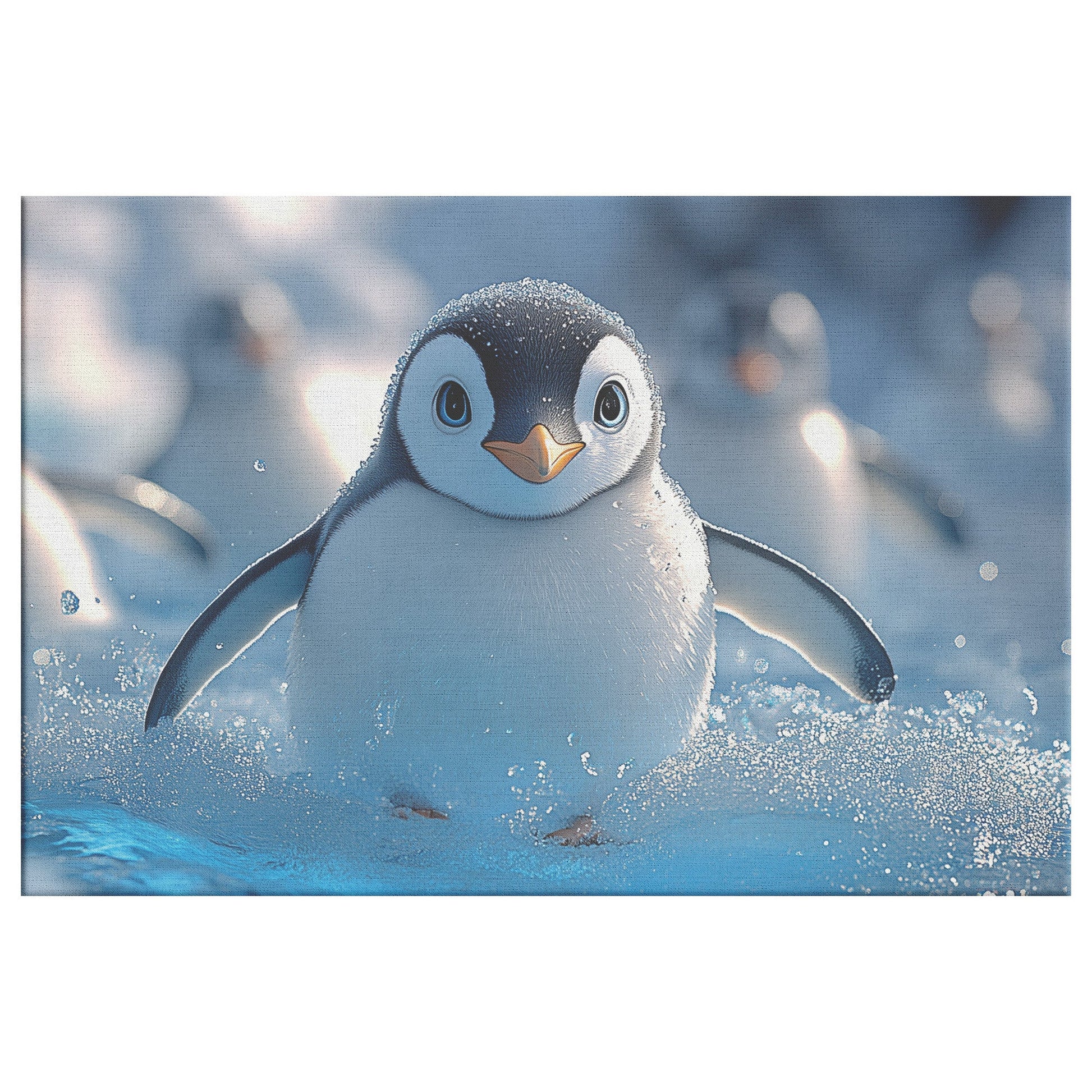 Playful Penguins Sliding Across Ice Glowing Blue Icebergs Under Soft Sunlight Canvas Wall Art Decor - Awakening Righteousness