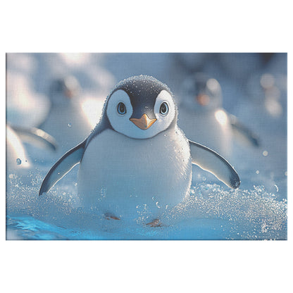 Playful Penguins Sliding Across Ice Glowing Blue Icebergs Under Soft Sunlight Canvas Wall Art Decor - Awakening Righteousness