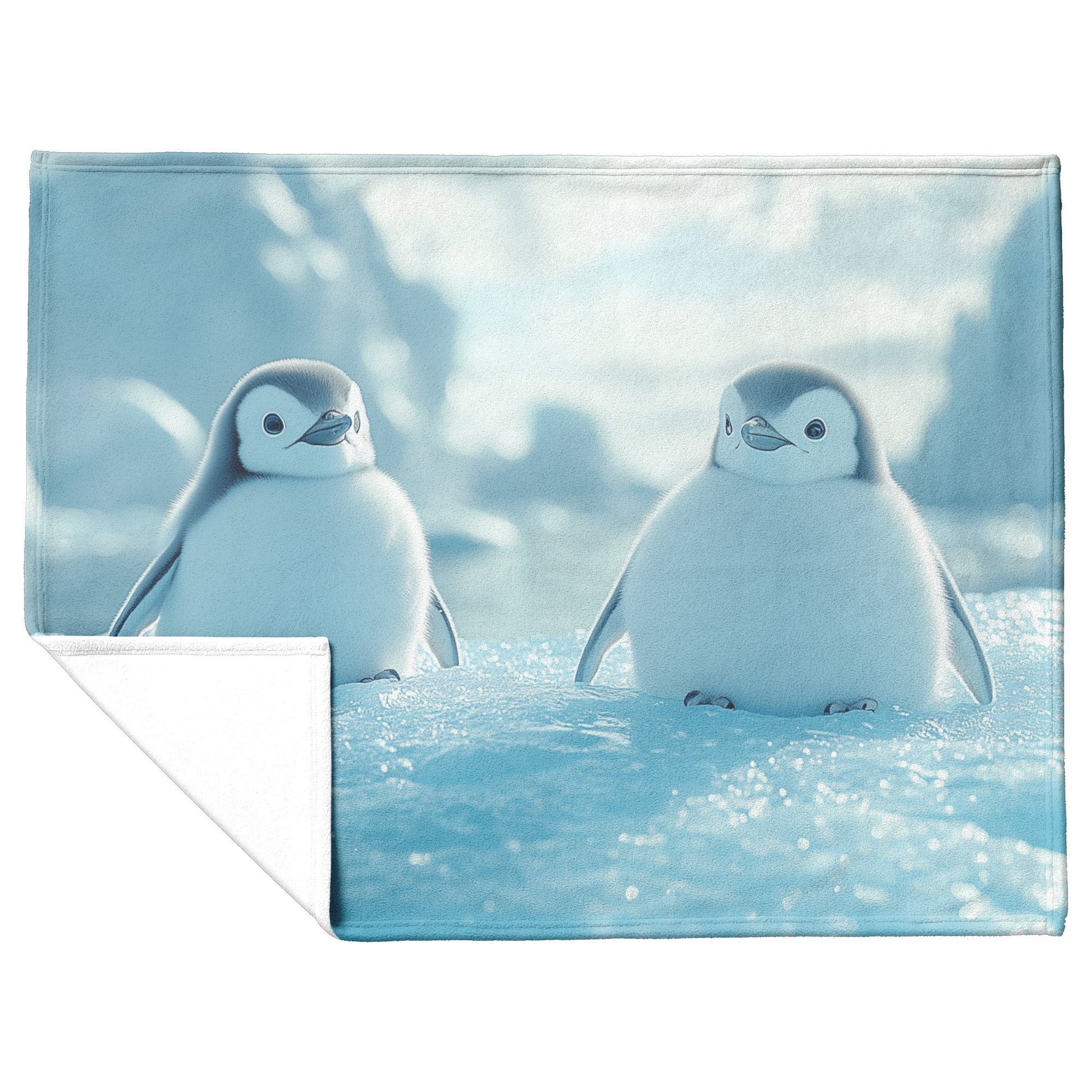 Playful Penguins Sliding Across Ice with Glowing Blue Icebergs Under Soft Sunlight Fleece Sherpa Blanket - Awakening Righteousness