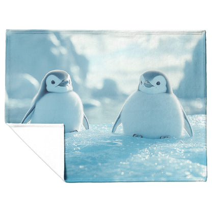 Playful Penguins Sliding Across Ice with Glowing Blue Icebergs Under Soft Sunlight Fleece Sherpa Blanket - Awakening Righteousness