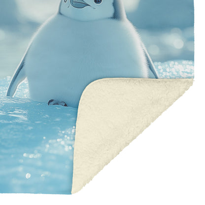 Playful Penguins Sliding Across Ice with Glowing Blue Icebergs Under Soft Sunlight Fleece Sherpa Blanket - Awakening Righteousness