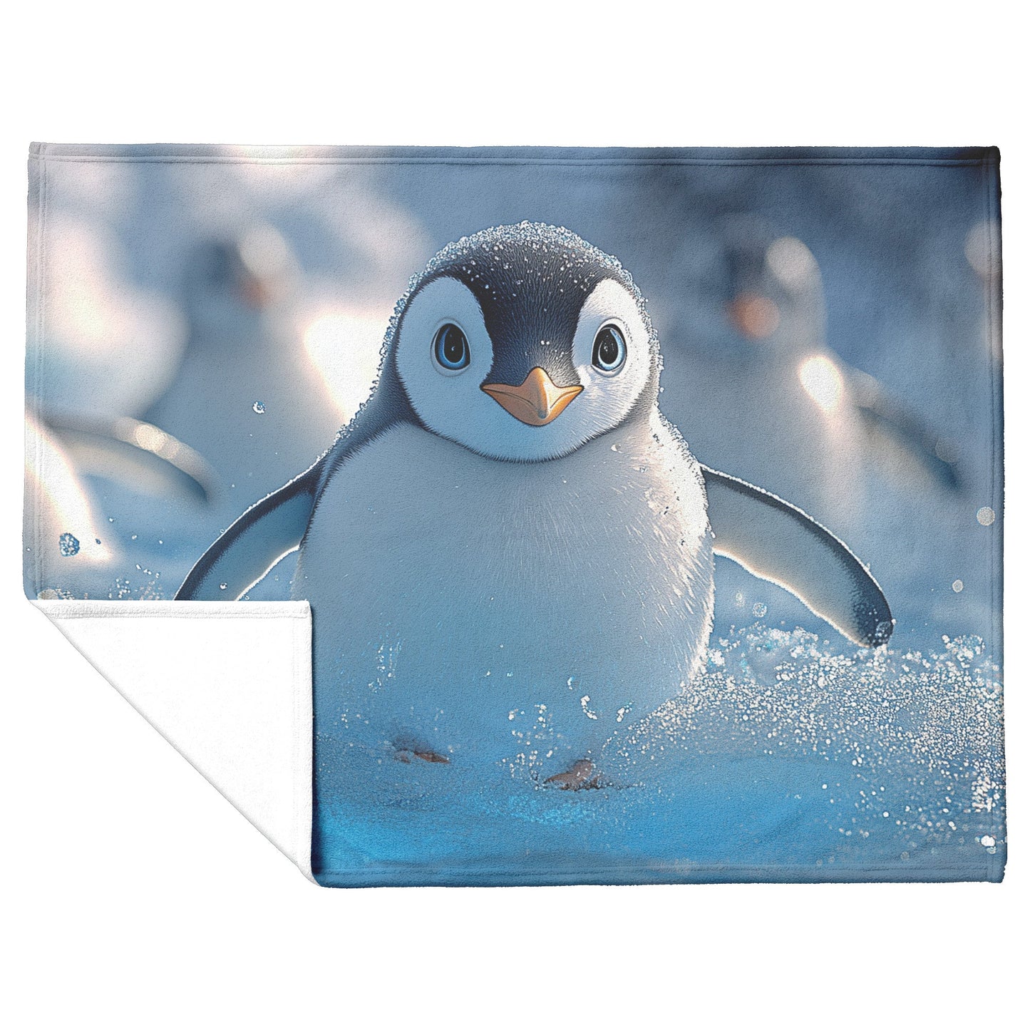 Playful Penguins Sliding Across Ice with Glowing Blue Icebergs Under Soft Sunlight Fleece Sherpa Blanket - Awakening Righteousness