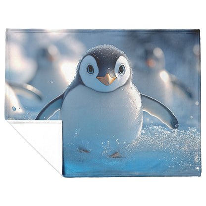 Playful Penguins Sliding Across Ice with Glowing Blue Icebergs Under Soft Sunlight Fleece Sherpa Blanket - Awakening Righteousness