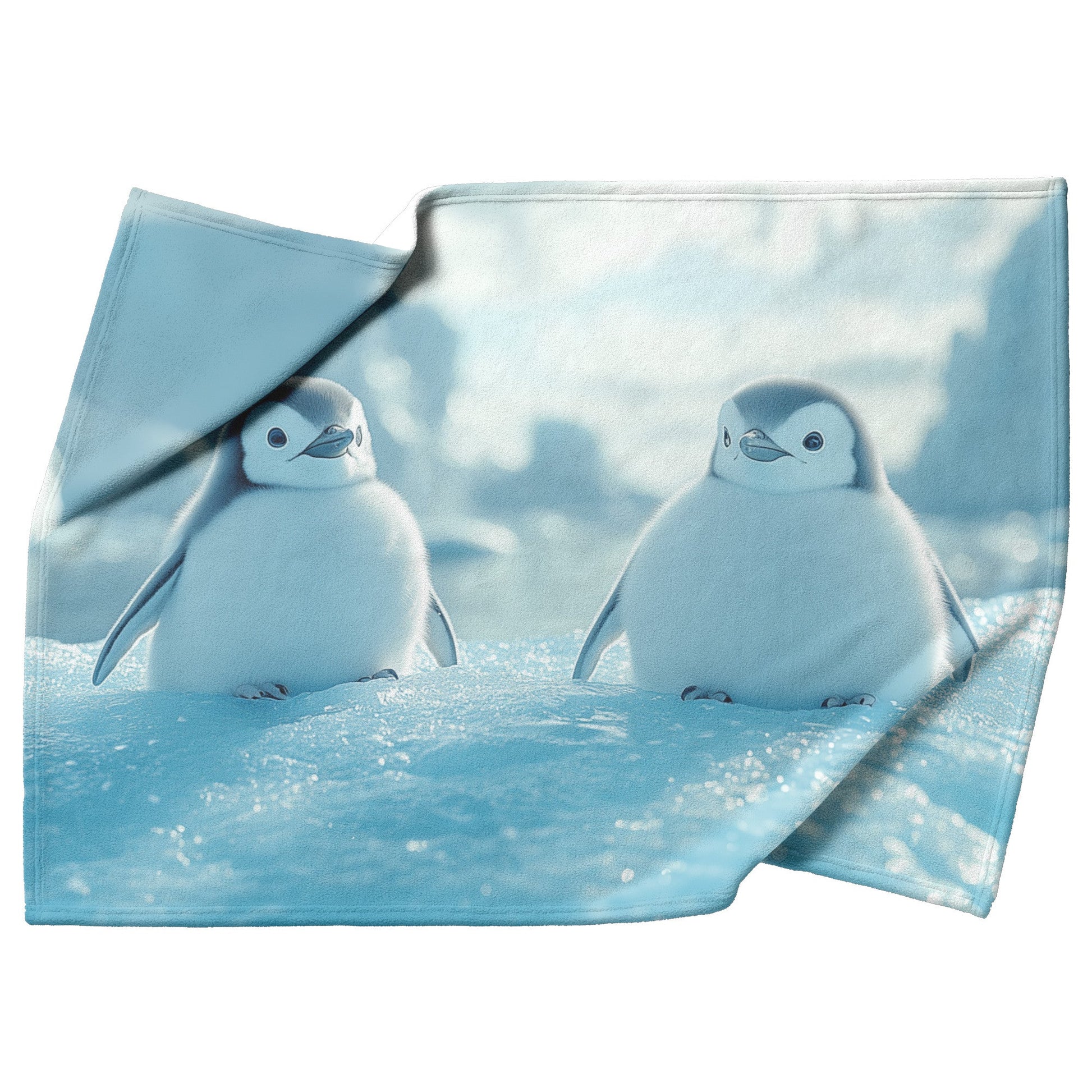Playful Penguins Sliding Across Ice with Glowing Blue Icebergs Under Soft Sunlight Fleece Sherpa Blanket - Awakening Righteousness