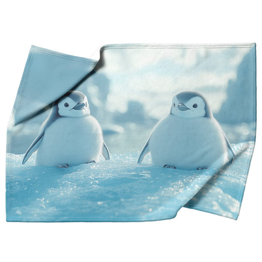 Playful Penguins Sliding Across Ice with Glowing Blue Icebergs Under Soft Sunlight Fleece Sherpa Blanket - Awakening Righteousness