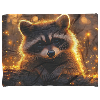 Playful Raccoon on Glowing Forest Log Fireflies Soft Moonlight Peaceful Atmosphere Fleece Sherpa Blanket - Awakening Righteousness