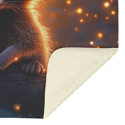Playful Raccoon on Glowing Forest Log Fireflies Soft Moonlight Peaceful Atmosphere Fleece Sherpa Blanket - Awakening Righteousness