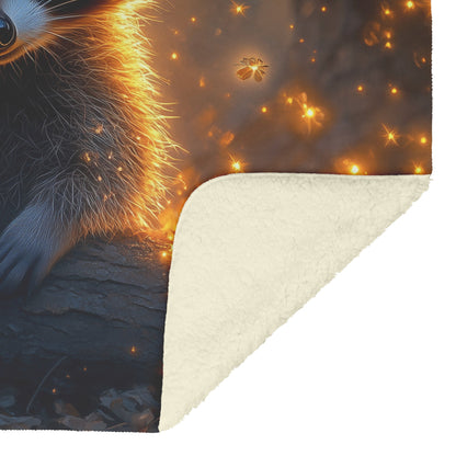 Playful Raccoon on Glowing Forest Log Fireflies Soft Moonlight Peaceful Atmosphere Fleece Sherpa Blanket - Awakening Righteousness