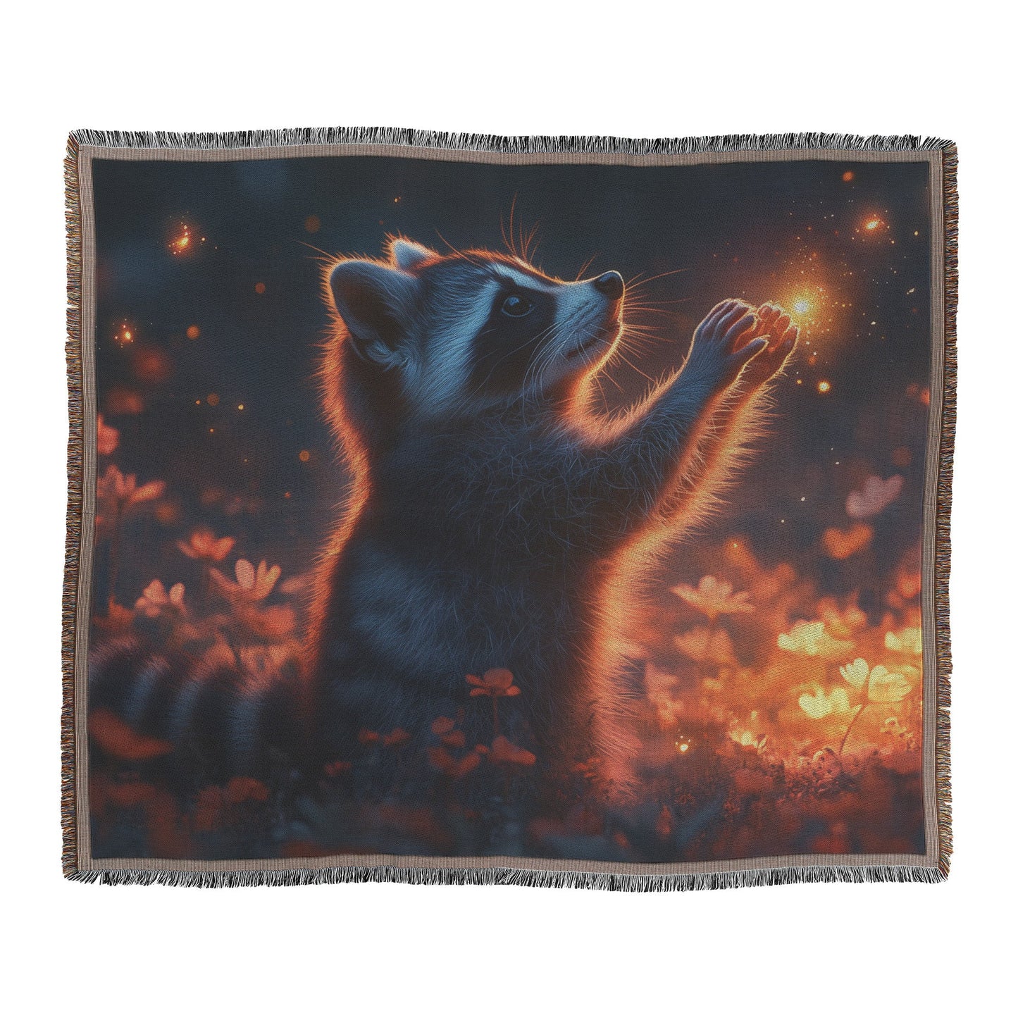 Playful Raccoon Reaching for Fireflies in Vibrant Glowing Meadow with Soft Twilight Hues Woven Throw Blanket - Awakening Righteousness