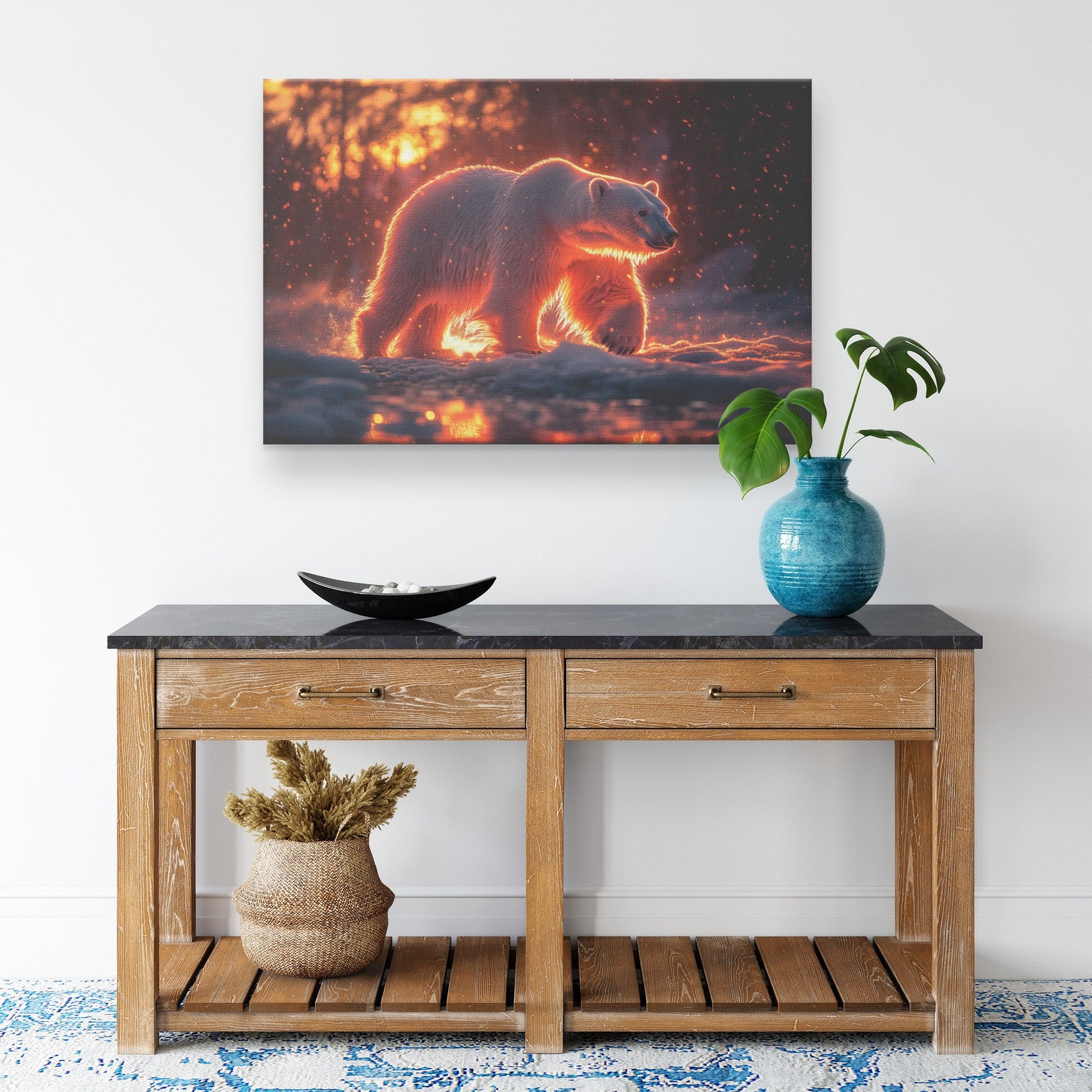 Polar Bear Canvas Wall Art Decor Walking Across Glowing Icy Plains Under Vibrant Aurora Borealis Sky with Silver Highlights - Awakening Righteousness