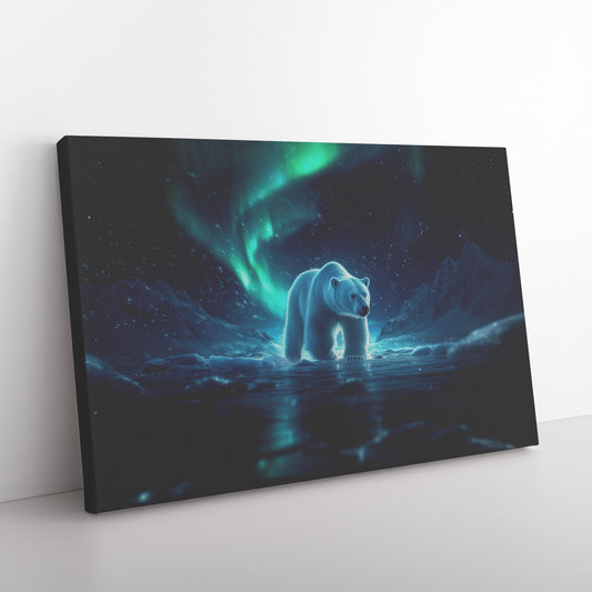Polar Bear Canvas Wall Art Decor Walking Across Glowing Icy Plains Under Vibrant Aurora Borealis Sky with Soft Silver Highlights - Awakening Righteousness